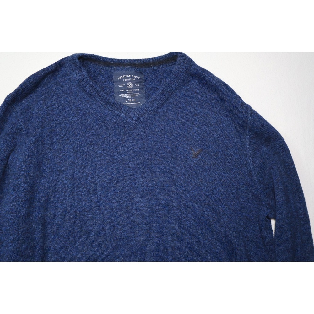American Eagle Mens V-Neck Sweater Navy Blue 100%‎ Cotton Knit Large Pullover